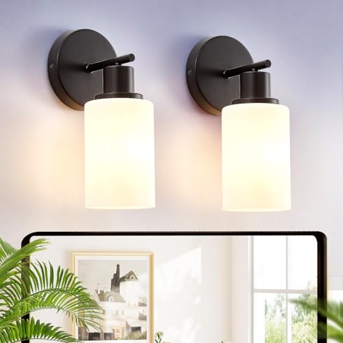 DLLT Wall Sconces Set of Two: Modern Bathroom Vanity Light Fixtures - Matte Black Vanity Lights with Milky White Glass Shade - Farmhouse Wall Lamp for Bedroom Living Room Mirror Hallway Kitchen
