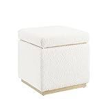 Linon Cream Lexington Sherpa Upholstered Square Storage Ottoman with Natural Wood Accent