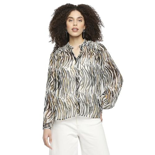 Image of Pepe Jeans Women's Cotton Regular Fit Shirt Collar Animal Print Peasant Top