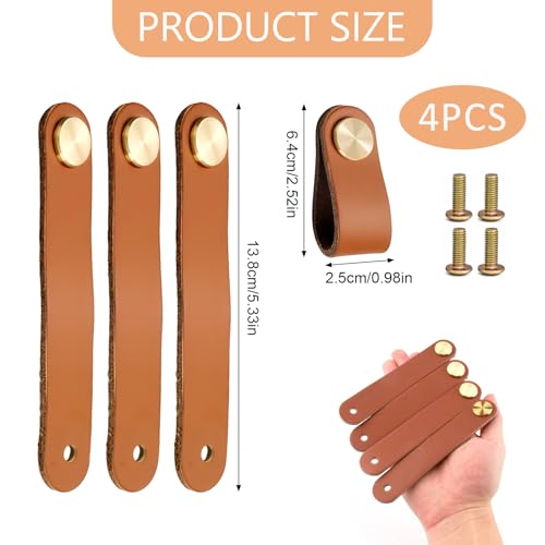 Miniatura 2 de Cjmuqhehh 4 Tiradores De Cuero Hechos A Mano Para Muebles, 64 X 25 Mm, Con Cabeza De Latón, Ideales Para Cajones, Armarios Y Muebles, Resistentes Al Agua, Duraderos, Para Familias Con Niños