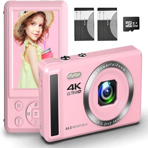 Digital Camera 44MP 4K with 32GB SD Card for Photography, Autofocus Portable Mini Camera for Kids, Boys, Girls with 16X Digital Zoom and 2 Batteries