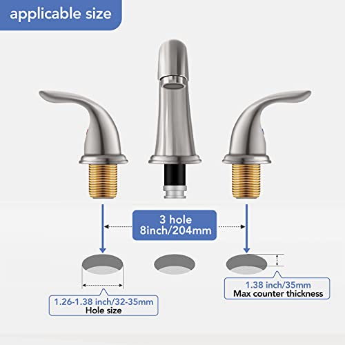 Phiestina 8 Inch 2 Handles 3 Holes Deck Mount Brushed Nickel Widespread Bathroom Faucet, with Stainless Steel Pop Up Drain, WF008-5-BN - Thumbnail 6