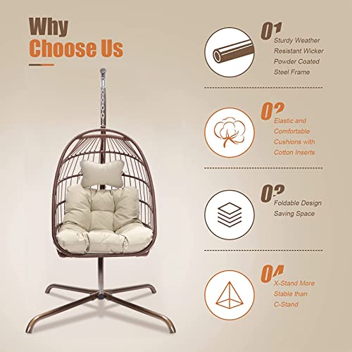 Nicesoul® Swing Egg Chair With Stand Indoor Outdoor Wicker Rattan Patio Basket Hanging Chair With Uv Resistant Cushions Steel Frame 350Lbs Capaticy For Bedroom Balcony Patio (Brown) #TOP1