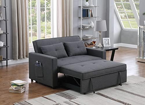 33.25" Convertible Upholsterd Sleeper Sofa Bed, Multi-Functional Adjustable Loveseat, Modern Linen Fabric 2-Seats Futon Couch with Side Pocket & Pillows, Lounge Sofá, Furniture for Living Room