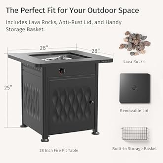 28" Outdoor Propane Fire Pit Table | 50,000 BTU Gas Fire Pit Table for Outside with Magnetic Lid | Storage Basket & Lava Rocks | CSA Certified for Patio, Garden & Backyard | Black