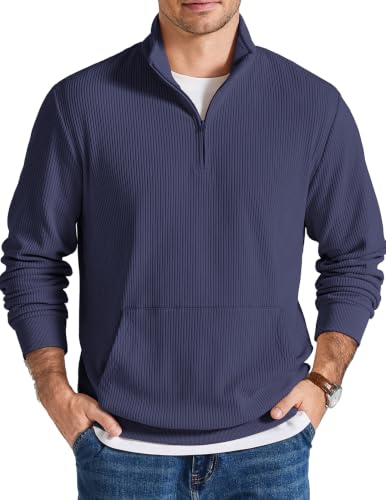 COOFANDY Men Quarter Zip Pullover Mock Neck Long Sleeve Corduroy Sweatshirt