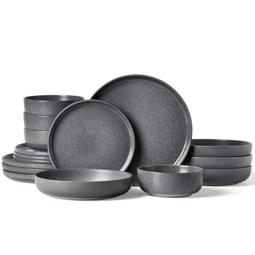 Image of Famiware Milkyway Stoneware Dinnerware Sets with Pasta Bowls, Service for 4 (16 Pieces), Reactive Glaze Plates and Bowls Sets, Microwave and Dishwasher Safe Dishes Set, Matte Dark Charcoal