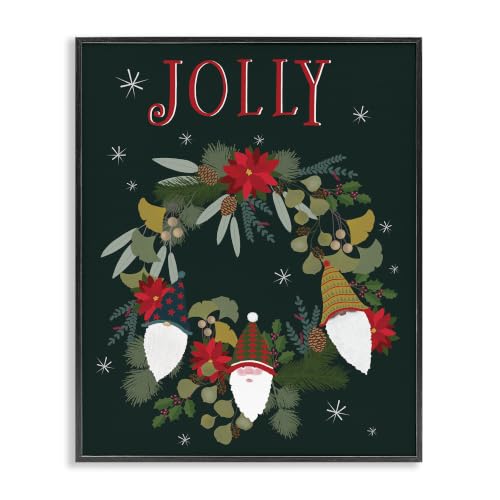 Christmas Gnomes Floral Poinsettia, 11 x 14 Inch Framed Giclée Print