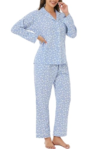 Image of LUBOT 100% Cotton Pajamas for Women Pajama Set 2 Piece PJ Sleepwear Set Soft Ladies Button Knit Long Sleeve Loungewear XS-XXL