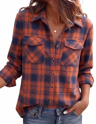 Zeagoo Orange Button Up Women's Plaid Shirt Flannel Checkered Work Tops L