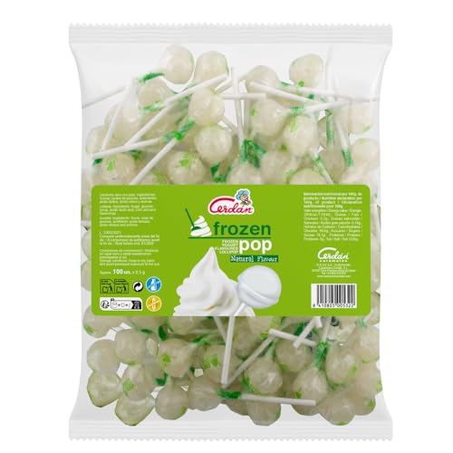 Caramelos Cerdán - Caramelo con Palo Sabor Yogur Natural Frozen Pop | Caramelo Duro Sin Gluten ni Alérgenos | Bolsa de 100 Unidades | Ideal para Fiestas, Eventos y Cumpleaños