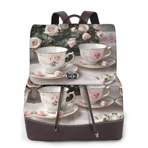 Sac à dos femme noir imprimé tasses à thé et roses romantiques en cuir