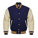 AHINT CO Baseball Letterman Varsity Jacket Genuine Leather Sleeves and Wool Color Options (Cream Gold Navy, L)