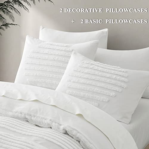 Bedazzled 5 Pieces Full/Queen Duvet Cover Set, Boho Bedding Sets For Modern Home, Tufted And Super Soft Comforter Covers, White #TOP2