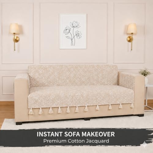 Image of STITCHNEST 'Verdant Phool Stories' 1 Seater Sofa Cover | Full Coverage with Armrest Pockets | Elegant Jacquard Fabric, Decorative Tassels, Washable & Durable for Modern Living