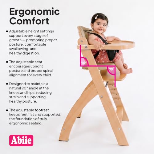 Image of Abiie Beyond Junior Wooden High Chair with Tray - Adjustable and Convertible High Chair for Babies and Toddlers - 6 Months to 250 Lb - Water Resistant - Natural Wood with Beige Cushion