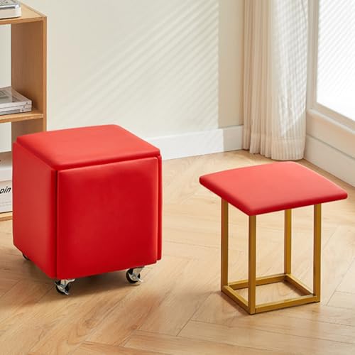 SUZEPER 5 in 1 Nesting Ottoman Cube Chair, Movable Stackable Stools with Wheels, Square Leather Foot Stool for Living Room Dining Room(13.7", Red)