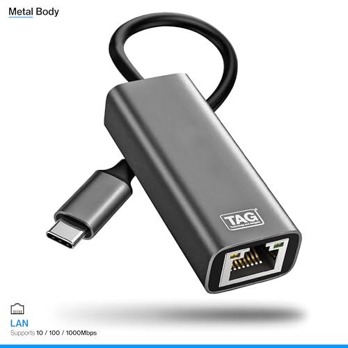 Image of TAG USB Type C to Ethernet Adapter Gigabit RJ45 LAN 1000 Mbps Wired Network Converter for MacBook Pro Air, USB C Laptop, PC, Chromebook, Tablet, Type C to LAN Adapter Plug and Play Metal Body
