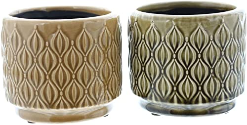 Dekoleidenschaft 2X Pflanztopf Retro aus Steingut, braun + grün, 60er Jahre Optik, Übertopf, Blumentopf, Pflanzgefäß für die Fensterbank