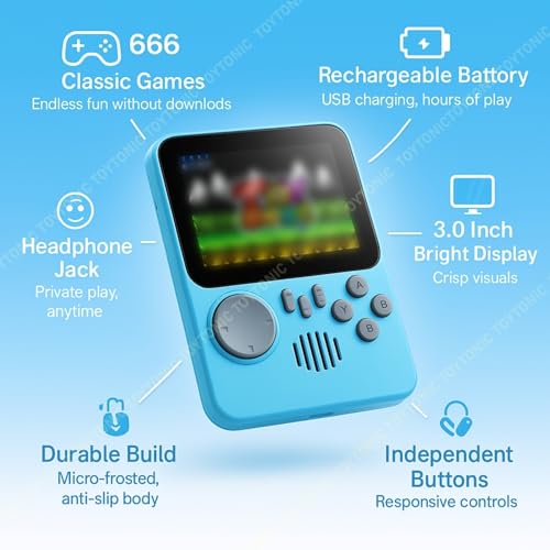 Image of TOYTONIC Retro Handheld Gaming Console for Kids & Adults - 666-In-1 Built-in Classic Video Games - Rechargeable Game Console for Boys 7-14 Years - TV Output - Portable Toy Gift