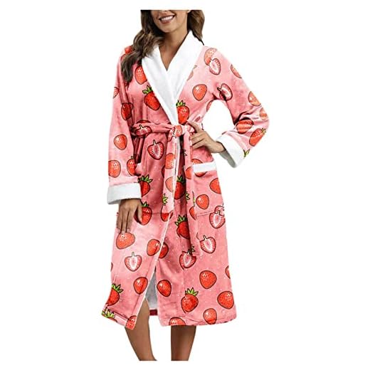 Womens Fleece Robes,Women's Warm Thin Fleece Sherpa Shaggy Robe, Cute Strawberry Cartoon Animal Print, Long Faux Fur Plush Bathrobe for Winter, Gift for Her (Hot Pink,S)