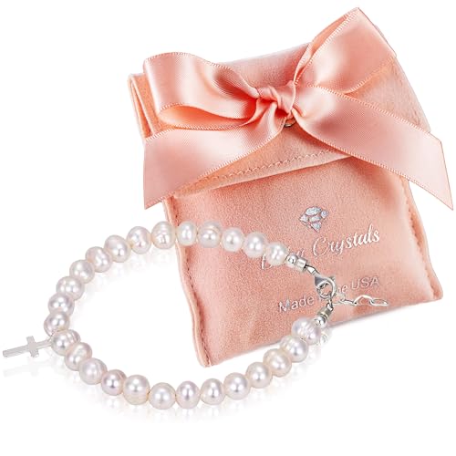 Beaded Bracelets for Girls, Sterling Silver Cross Charm Bracelet White Cultured Freshwater Pearl, Baby Girl Keepsake, Christening, Baptism Gifts for Girl