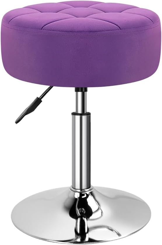 Velvet Upholstered Vanity Stool Swivel Adjustable Makeup Stool for Makeup Room Small Round Ottoman for Living Room Makeup Chair for Bedroom SPA Salon Studio (Purple)
