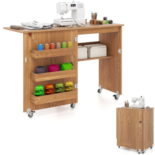 Multigot 2-in-1 Sewing Table, Folding Mobile Craft Table with Open Shelves and Lockable Casters, Sewing Machine Cabinet Computer Desk for Home Office