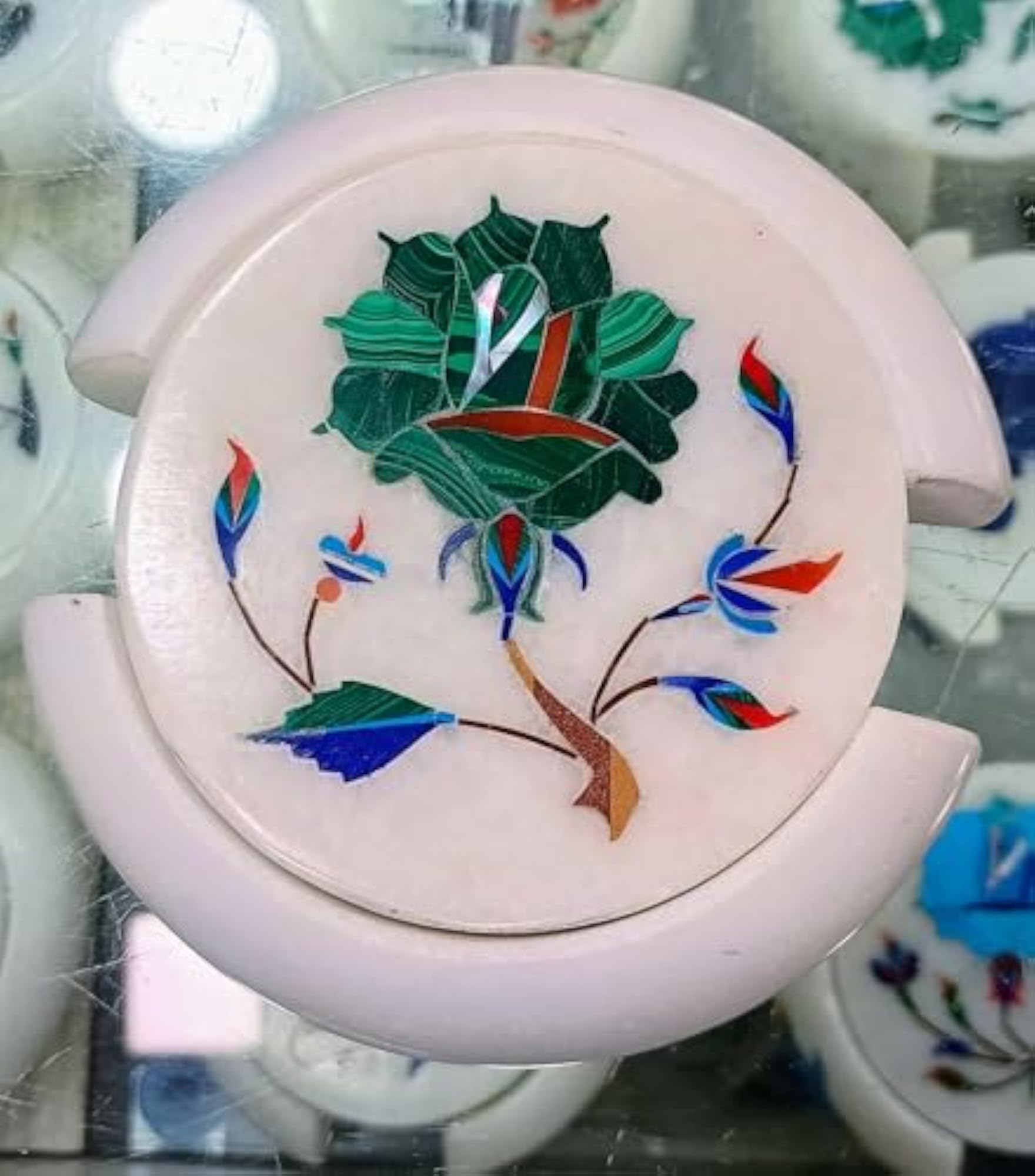 Qadri Handicrafts Handcrafted Marble Coaster Set with Inlay Work