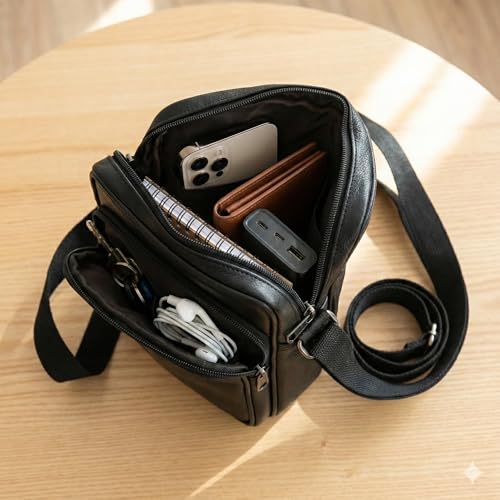Image of Men's Leather Sling Bag Crossbody Messenger Shoulder Bag | Stylish Office Travel Side Bag with Multiple Compartments, Adjustable Strap & Secure Pockets for Daily Use