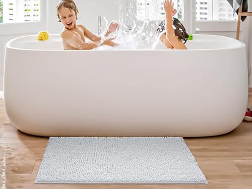 Dexi Bathroom Rugs Mats, Chenille Bath Mats For Bathroom Floor Non Slip Absorbent Washable, Plush Shower Rugs For Tub, Shower Room, 24"X43", White #TOP1