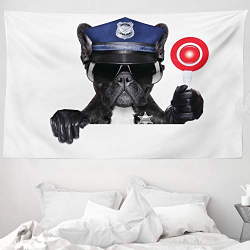 ABAKUHAUS Polizei Wandteppich, Animal Dog Pug Wears Glasses Thumbs up Sirens Traffic Like Art Print, aus Weiches Mikrofaser Stoff Wand Dekoration Für Schlafzimmer, 230 x 140 cm, Blau & Schwarz