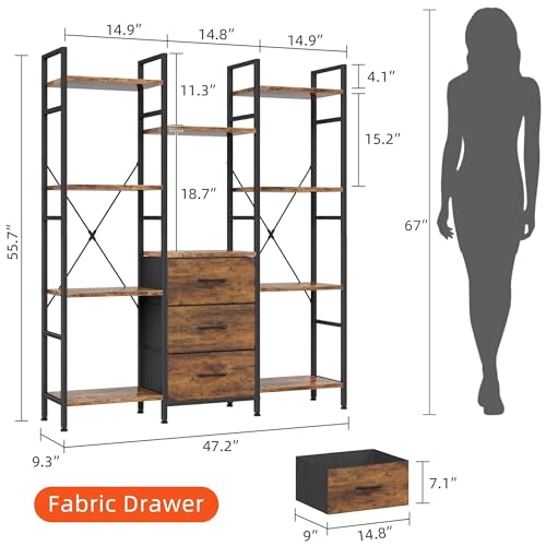 Triple Bookshelf with 3 Fabric Drawers, 4-Tier Book Shelf and 10 Display Shelves, Industrial Large Bookcase for Home & Office, Rustic Brown, 47'' Wide - Image 4