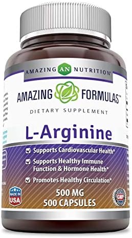 Amazing Formulas L-Arginine 500mg 500 Capsules Dietary Supplement - Best Amino Acid Supplements for Women & Man - Promotes Circulation and Supports Cardiovascular Health