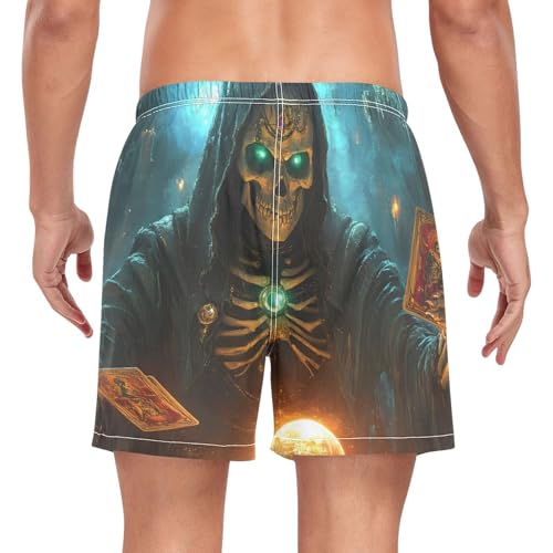 Mens Swim Trunks with Liner, Skeleton Witch Card Cool Quick Dry Beach Swim Shorts, Swimwear Bathing Suits S2