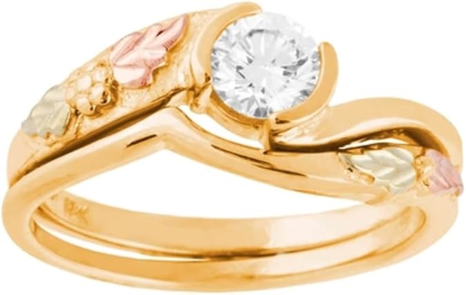 10k Yellow Gold Bezel-Set Diamond Engagement Wedding Ring Set, 12k Green and Rose Black Hills Gold