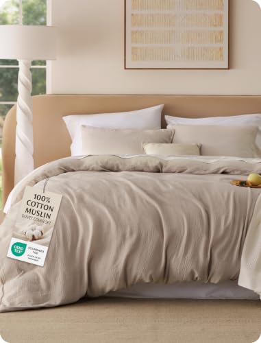 Image of Bedsure 100% Muslin Cotton Duvet Cover Queen Size - Ultra-Soft Gauze Duvet Cover, PureWoven Breathable & Lightweight Bedding Set with Button Closure and Corner Ties (Khaki, Queen, 90 inchx90 inch)