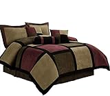 Chezmoi Collection Micro Suede Patchwork 7-Piece Comforter Set, Full or Double, Brown/Burgundy/Black
