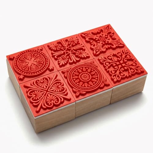 6Pcs Square Rubber Stamps Set Wooden Floral Pattern Decorative Embossing Stamper for Card Making, Scrapbooking Ink Stamping and Clay Pottery Crafting Supplies, DIY Arts, Journals