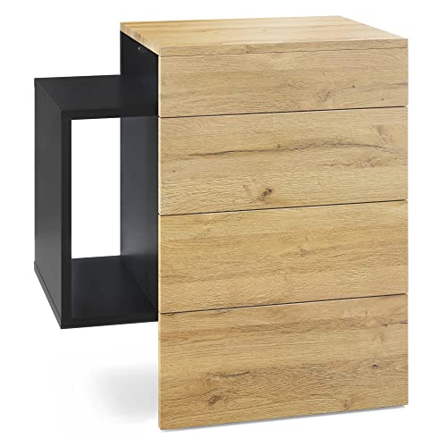 Vladon Mesita de Noche Queens, Cómoda de Noche con 2 Cajones y 1 Compartimento Lateral para Montaje en Pared, Negro Mate/Roble Natural (60 x 63 x 36 cm)
