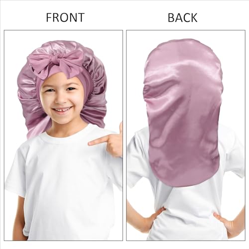 AWAYTR Long Toddler Silk Bonnet for Sleeping Elastic Satin Bonnets for Curly Hair Braid Night Cap for Aged 3-12 Kids (Rose Gold)2