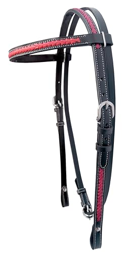 Equestrian Horse Tack Western Headstall Bridle Hand Braided Red Raw Hide Leather Weaving on Straight Brow Band Black Color Leather (Full Size)