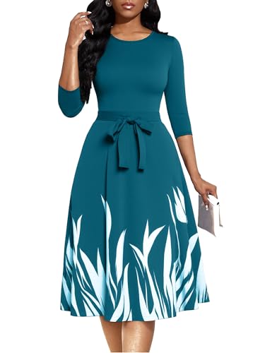 Image of Casual Dresses for Women Midi Church A-Line Fit and Flare Dress Crewneck 3 /4 Sleeve Party Dress