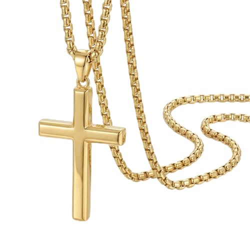 Image of 14K Gold Cross Necklaces for Men,Crosses Pendant Necklace for Mens Minimalist Religion Jewelry Chunky Box Chain 24in