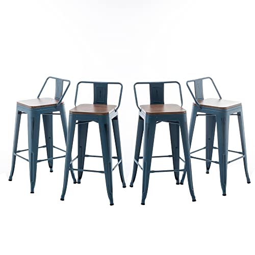 Andeworld Bar Stools Set Of 4 Counter Height Stools Industrial Metal Barstools With Wooden Seats(24 Inch, Distressed Navy) #TOP6