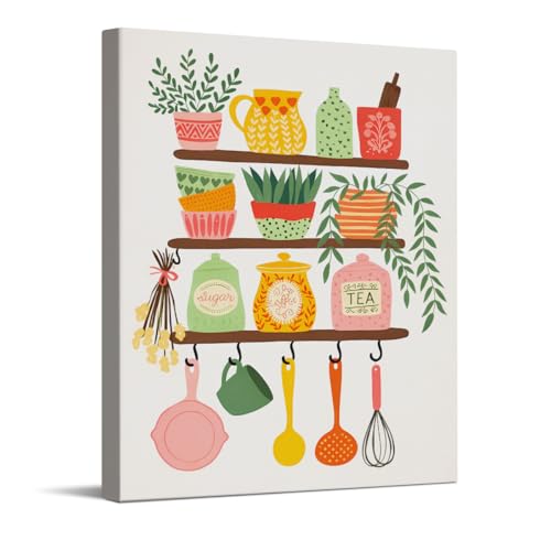 CYFDYVT Modern Kitchen Wall Art Boho Kitchen Shelf Illustration Canvas Print Colorful Pantry Poster with Plants and Utensils Vibrant Wall Decor for Cafe Dining Room 8x10 inch