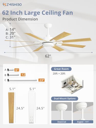 Image of ZMISHIBO 62 inch Coastal Ceiling Fan with Light, Remote Control, White
