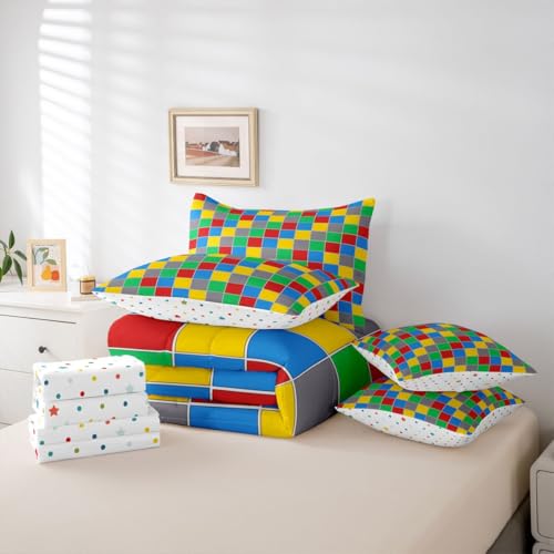 Image of Erosebridal Geometric Checkered Full Bedding Set 7 Piece Colorful Checkerboard Bed in A Bag with Sheets Rainbow Plaid Comforter Set for Kids Adults,Red Blue Green Yellow Grids Bed Sets