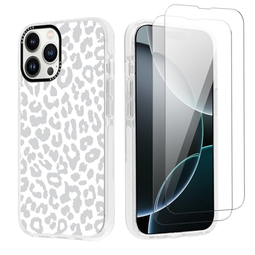 lioscre Cheetah Print Phone Case for iPhone 16 Pro Max 6.9" Case with 2 Pack Tempered Screen Protector, Cute Leopard Pattern Design Shockproof TPU Soft Clear Funda Cover for Women Girls, White