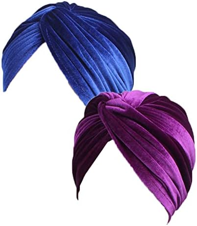 ILUFAM 2PCS Velvet Turbans for Women Twist Pleated Beanie Cap Stretch Head Wrap Hair Loss Hat Chemo Headwear for Women (Purple+Royal Blue)